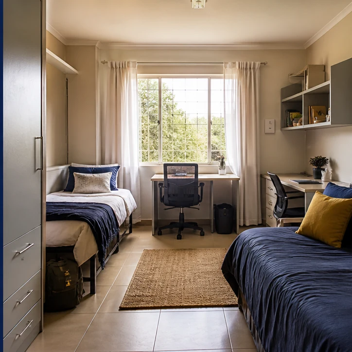 Shared student room with beds, storage and study desks