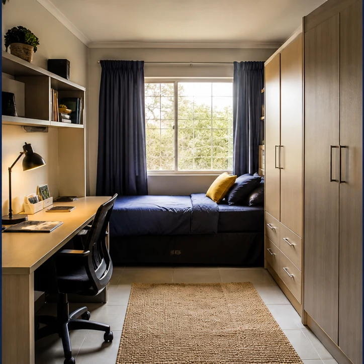 Student room with bed, wardrobe, cabinets and a study desk