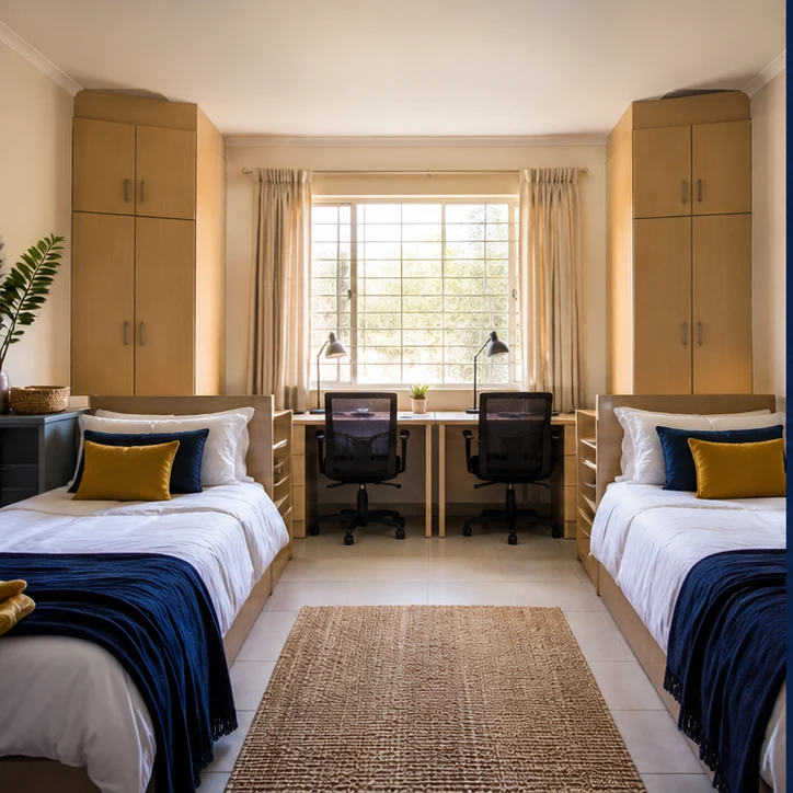 Student room with two beds, wardrobes and study desks